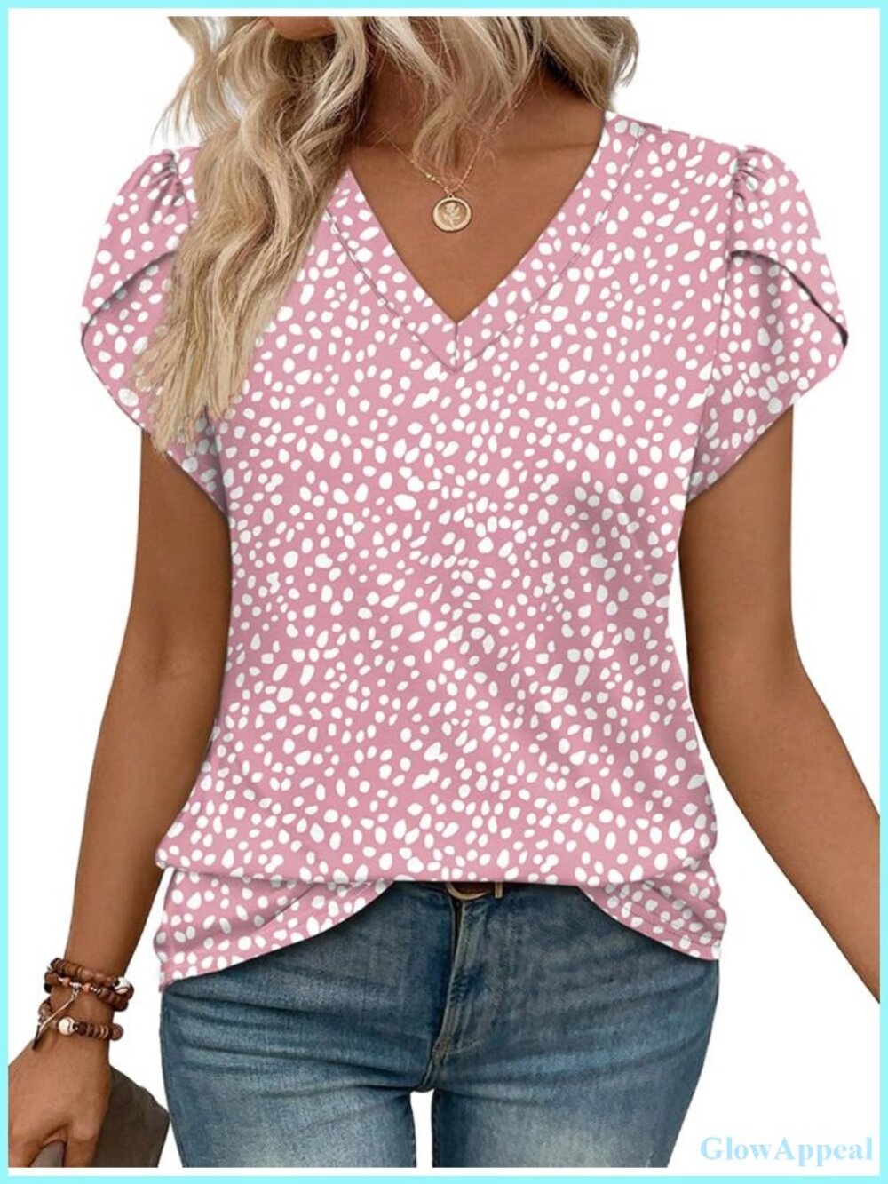 Women's V-Neck Petal Sleeve Blouse, 95% Polyester 5% Spandex, Dressy Casual